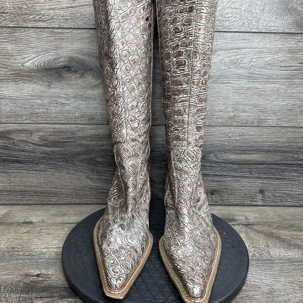 Vintage Destroy Women Sz 9-9.5  Snakeskin Tooled Leather Pointed High Heel Boots